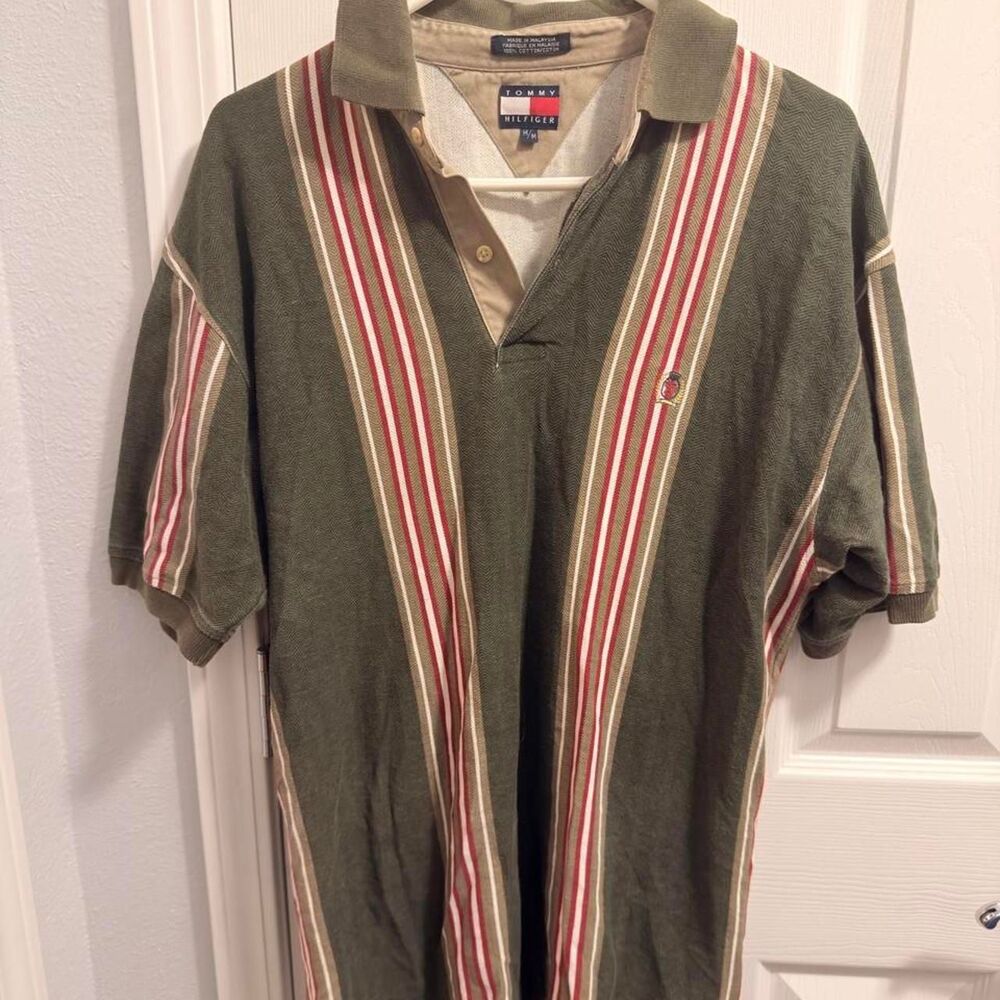 (1995-1999) Tommy Hilfiger Vertical Stripe Polo - Olive Green - M (Oversized)